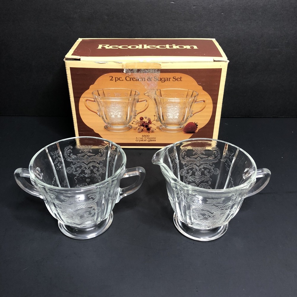 Indiana Glass RECOLLECTION Creamer and Sugar Bowl Clear Glass Box MCM Vintage